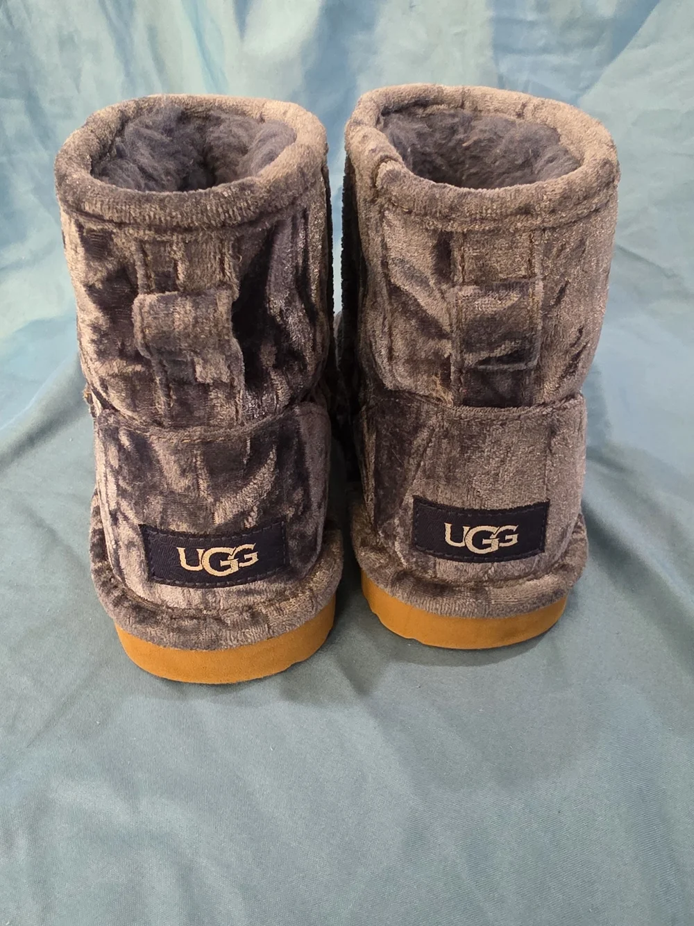 UGG Kids Plush Ankle Slippers - Blue with Tan Sole